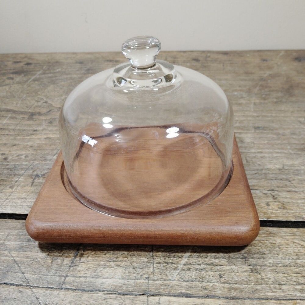 Vintage Square Teakwood Cheese Board w/ Glass Dome Lid Cover Goodwood Cheeseball